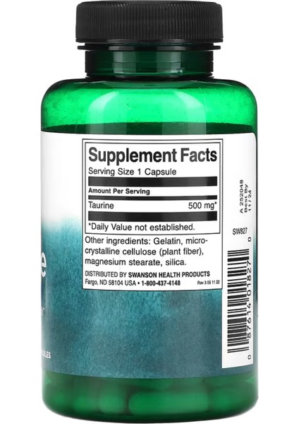 Swanson Taurine 500 mg 100 Kapsül USA - Görsel 2