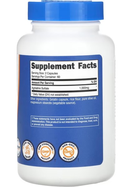 Nutricost Agmatine Sulfate 1 000 mg 120 Capsules USA Version - Görsel 2
