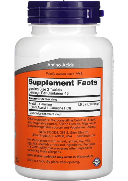 Now Foods Acetyl-L Carnitine 750 mg 90 Tablets - Görsel 2