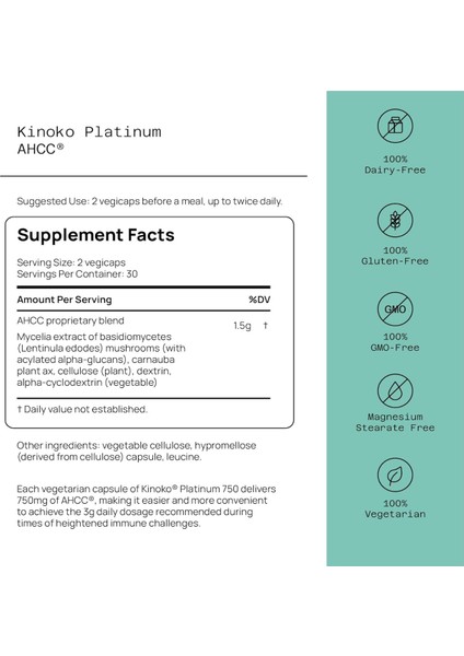 Kinoko Platinum Ahcc 750 Mg 60 Kapsül, Bağışıklık Sistemi Destekleyici Premium Ürün - Görsel 2