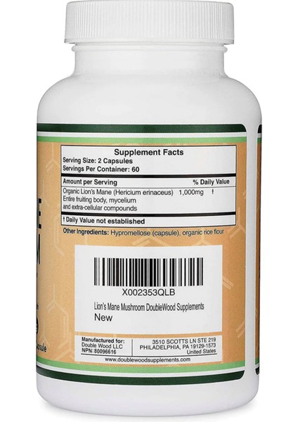 Double Wood Lion's Mane Mushroom 500mg 120 Capsul Usa - Görsel 4
