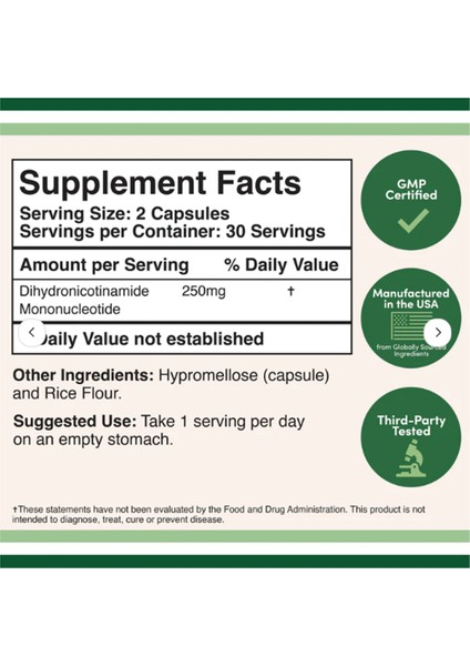 Double Wood NMN Nicotinamide Mononucleotide 250MG 60 Capsul Usa Version İçerik Bilgisi - Görsel 3