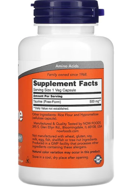 Now Foods Taurine 500 Mg 100 Veg Capsules - Görsel 2