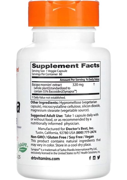 Doctor's Best Bacopa With Synapsa 320 Mg 60 Veggie Caps - Image 2