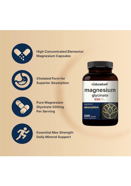 Naturebell Magnesium Glycinate 500mg 240 Capsul 100% Chelated & Purified.usa - Görsel 3