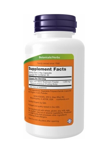Now Foods, Lion's Mane (Aslan Yelesi Mantarı) 500 Mg, 60 Veggie Capsules - Görsel 2