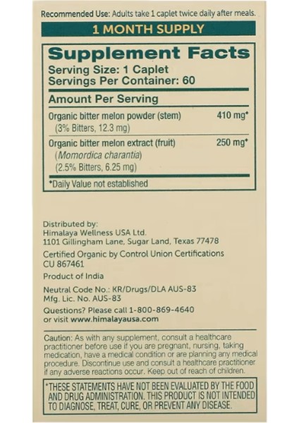 Himalaya Himalaya, Organic Bitter Melon, 60 Caplets - Görsel 2