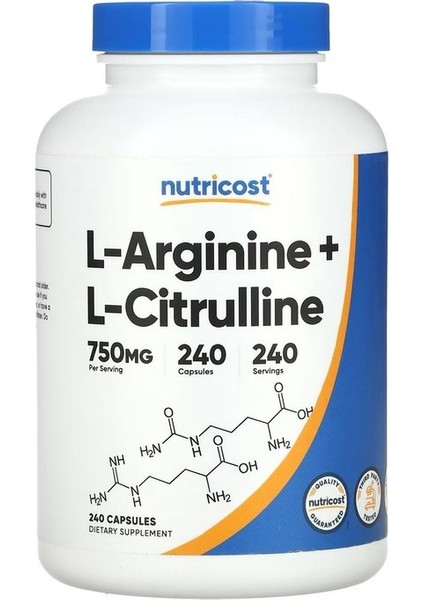 Nutricost L-Arginine+L-Citrulline Unflavored 750 mg 240 Kapsül