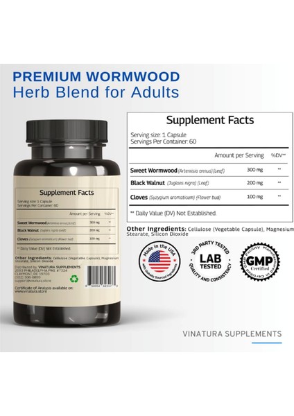 Vınatura Wormwood Black Walnut Clove- Cleanse, Detox, Intestinal Guard Formula With Wormwood Herb, Black Walnut Extract Combination, 60 Capsul - Görsel 2