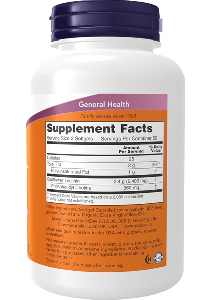 Now Foods Sunflower Lecithin Phospholipids Choline Nervous System Support 1,200 Mg, 100 Softgels - Görsel 2
