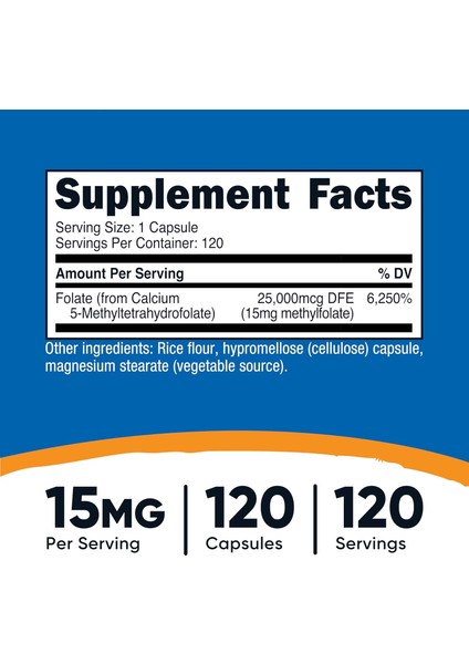 Nutricost L-Methylfolate Women's Health 15MG 5-Mthf Vegan 120 Capsules - Görsel 2