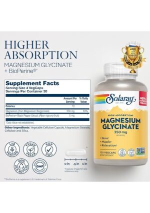 Solaray High Absorption Magnesium Glycinate 350 Mg 120 Vegetable-Based Caps