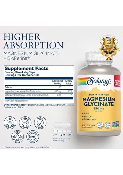 Solaray High Absorption Magnesium Glycinate 350 Mg 120 Vegetable-Based Caps