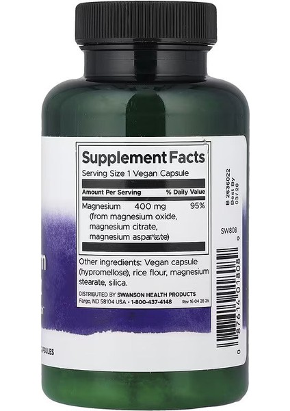 Swanson Triple Magnesium Complex, 400 Mg 100 Vegan Caps - Görsel 2