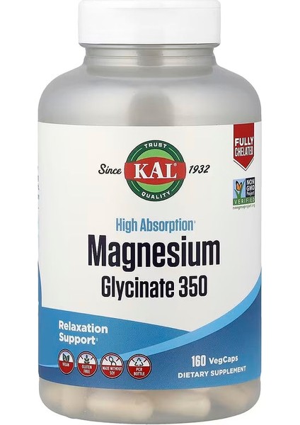 Kal High Absorption Magnesium Glycinate 350 160 Vegcaps