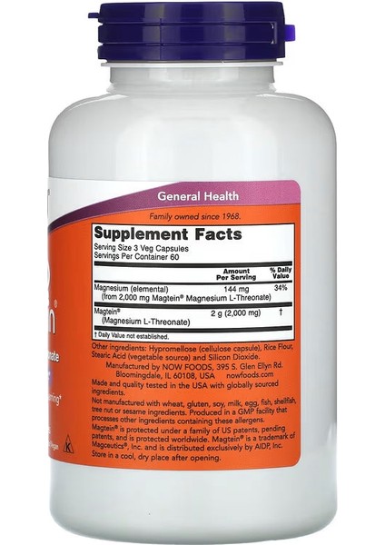 Now Foods, Magtein®, Magnesium(Magnezyum) L-Threonate, 2,000 Mg, 180 Veg Caps - Image 2
