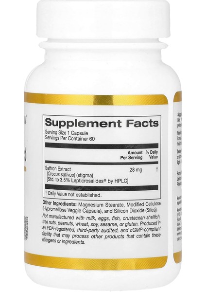 California Gold Nutrition Saffron(Safran) Extract With Affron®, 28 Mg, 60 Veggie Capsules - Image 2