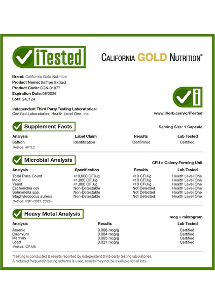 California Gold Nutrition Saffron(Safran) Extract With Affron®, 28 Mg, 60 Veggie Capsules - Image 3