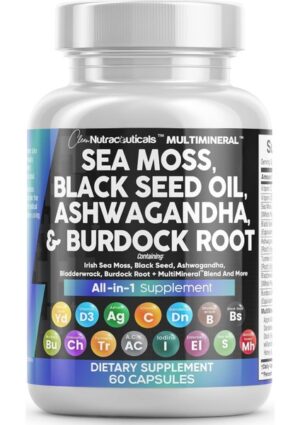 Clean Nutraceuticals Sea Moss Black Seed Oil Turmeric Bladderwrack Burdock & Vitamin C Vitamin D3 With Elderberry 60 Caps