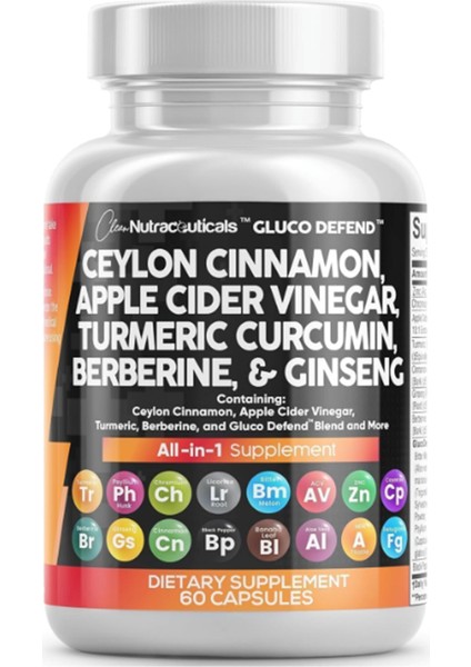Clean Nutraceuticals Ceylon Cinnamon + Berberine Turmeric Apple Cider Vinegar Ginseng Bitter Melon Gymnema Milk Thistle Fenugreek 60 Capsul.