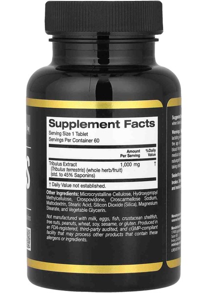 California Gold Nutrition Sport, Tribulus, 1000 Mg, 60 Tablet - Image 2