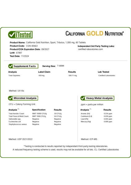 California Gold Nutrition Sport, Tribulus, 1000 Mg, 60 Tablet - Image 3