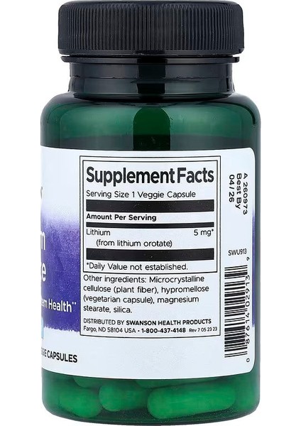 Swanson Lithium Orotate 5 Mg Cognitive Brain Nervous System Health 60 Veggie Caps - Image 2