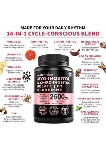 Medchoice Medchoıce Myo-Inositol And D-Chiro Inositol,folate, Vitamin D3, Zinc, Magnezium Berberıne 120 Capsul. - Görsel 4