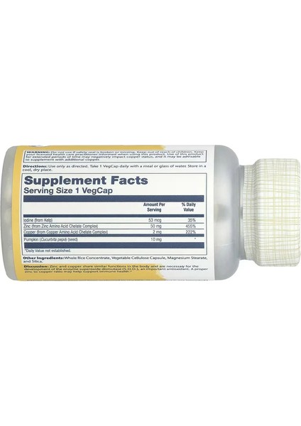 Solaray Zinc Copper With Kelp & Pumpkin Seed Iodine 100 Vegcaps - Image 2