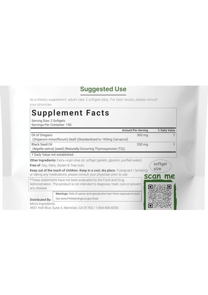 Micro Ingredients Oil Of Oregano 300 Softgels Black Seed Oil 4x Strength Carvacrol Thymoquinone Plant Based Non-Gmo. - Görsel 3