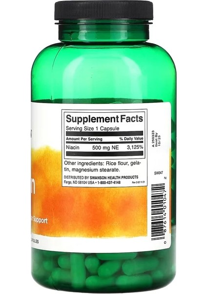 Swanson, Niacin, 500 Mg, 250 Capsules - Görsel 2
