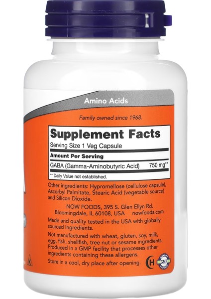 Now Foods, Ga.ba, 750 Mg, 100 Bitkisel Kapsül