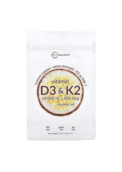 Micro Ingredients Vitamin D3 10000 Iu & K2 200 Mcg, 300 Softgels