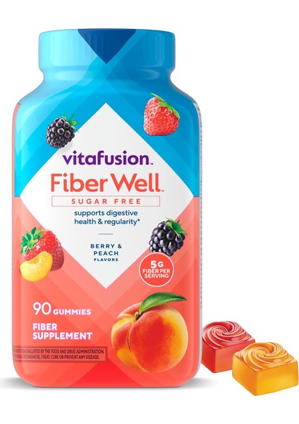 Vitafusion Fiber Well Sakızlar, Şeftali, Çilek ve Meyve, 90 Sakız