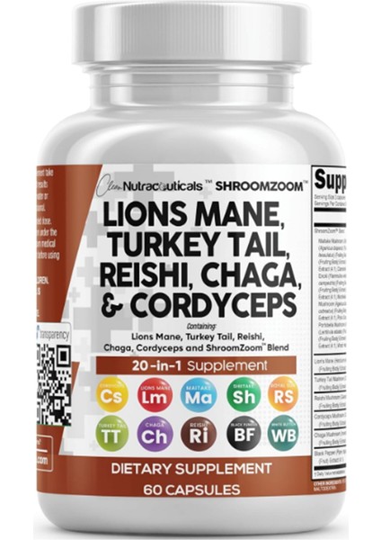 Clean Nutraceuticals Lions Mane 20 In 1 60 Capsul,mushroom With Turkey Tail Reishi Cordyceps Chaga 60 Dietary Capsules