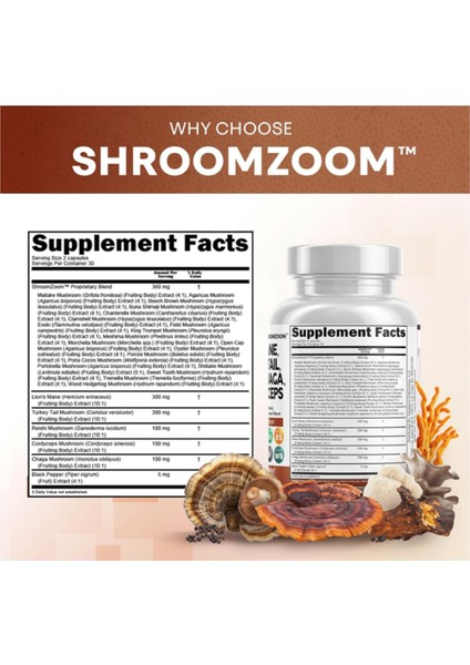 Clean Nutraceuticals Lions Mane 20 In 1 60 Capsul,mushroom With Turkey Tail Reishi Cordyceps Chaga 60 Dietary Capsules - Görsel 2